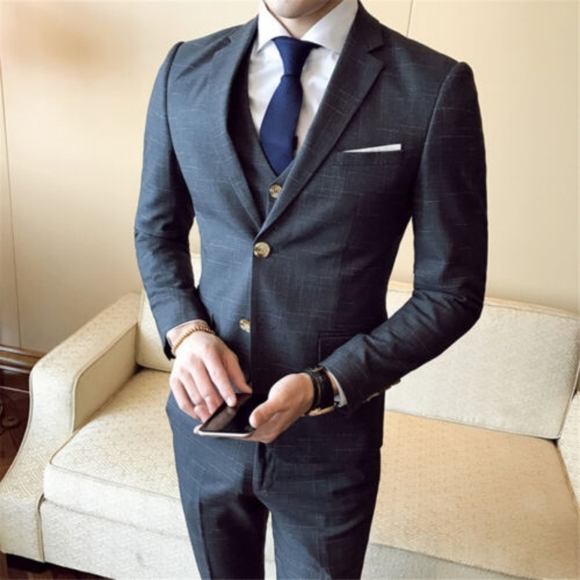 Mens Suits Sets 3 Pcs Slim Fit Coats Tuxedos Groom Groomsman Formal Work Casual - Picture 3 of 4
